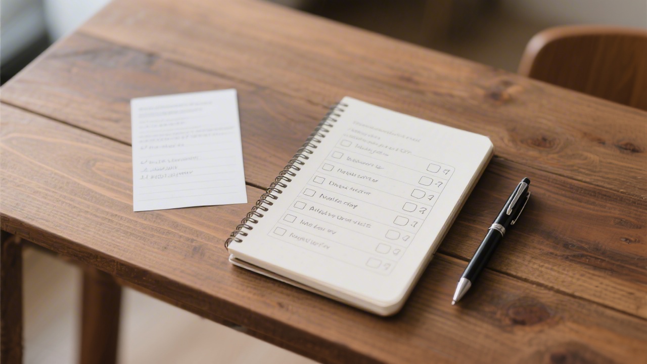 Notebook with structured notes, a pen, and a printed checklist on a wooden table, showing a simple and organized planning setup.