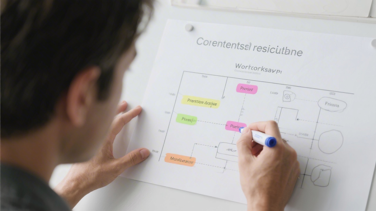 Content specialist reviewing a simplified workflow chart and highlighting priorities with a marker, indicating a pragmatic approach to planning and execution.