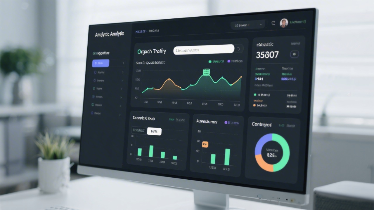 Analytics dashboard on a large monitor showing organic traffic trends, search queries, and content performance charts with a clean and professional interface.