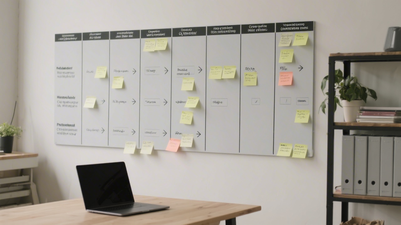 Project board with content workflow columns on a wall, including simple sticky notes and a laptop on a nearby desk, indicating organized production steps.
