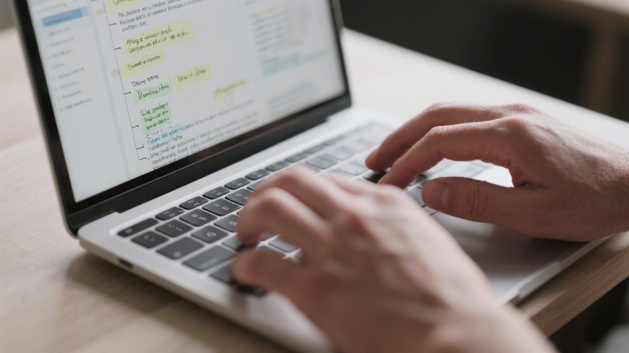 Close-up of hands typing a content draft on a laptop with an open outline and notes, showing careful text preparation and structured writing workflow.