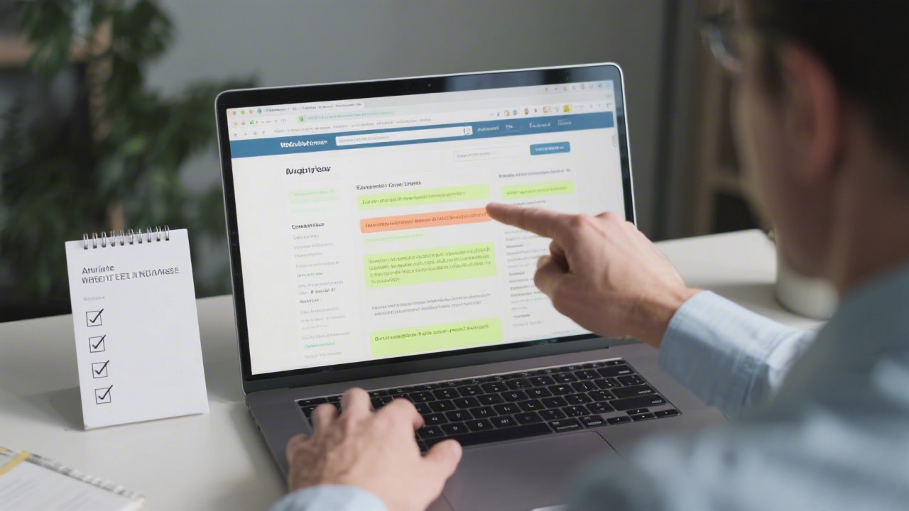 Analyst reviewing website content in a browser with highlighted sections and a simple checklist beside the laptop, emphasizing careful evaluation of current materials.